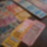 Colorful lottery tickets displayed on a table