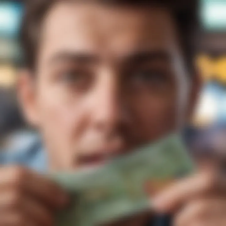 A close-up of a person holding a lottery ticket with excitement