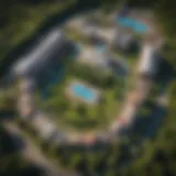 Aerial view of Belterra Casino surrounded by lush greenery