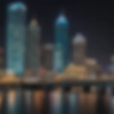 A panoramic view of Jacksonville's skyline with a casino illuminated at night.