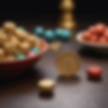 A close-up of traditional Chinese lucky charms displayed elegantly