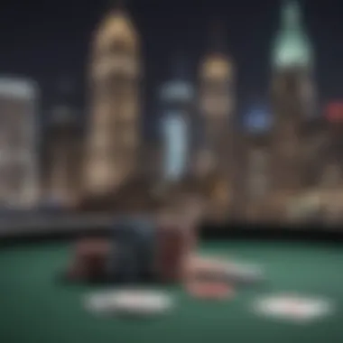 A detailed shot of poker chips and cards on a gaming table with a city skyline in the background