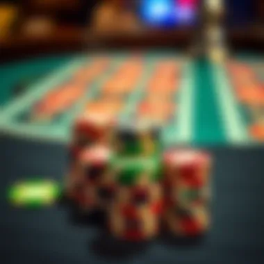 A detailed close-up of colorful roulette chips stacked strategically on a table.