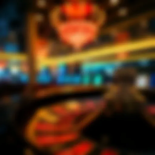 A roulette wheel illuminated at night in a glamorous Miami casino setting.