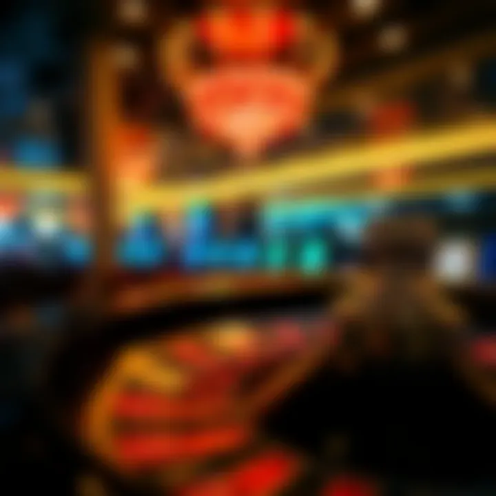 A roulette wheel illuminated at night in a glamorous Miami casino setting.
