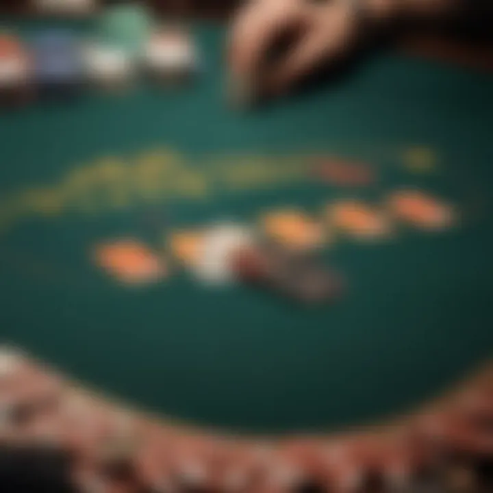 A close-up of a poker table with chips and cards