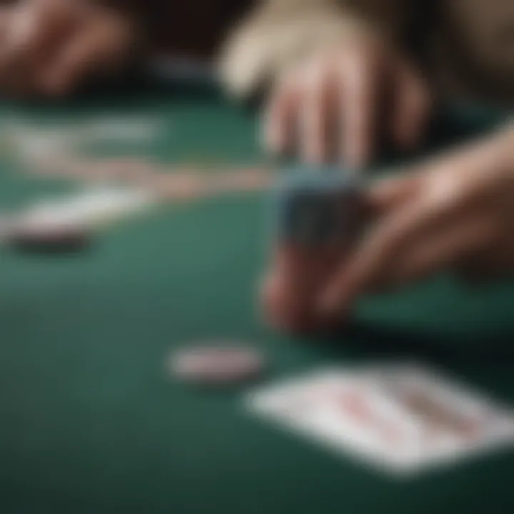 Close-up of poker chips and cards on a felt table, symbolizing strategic play.