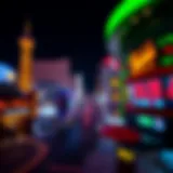 The Las Vegas Sports Betting Landscape A panoramic view of Las Vegas with vibrant nightlife and sports betting signs