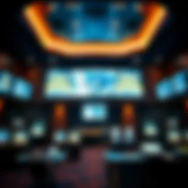 Inside a Modern Sportsbook A sophisticated sportsbook environment filled with screens displaying live NBA games