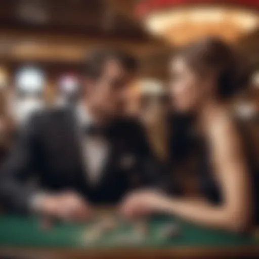 A romantic couple sharing a moment at a casino table.